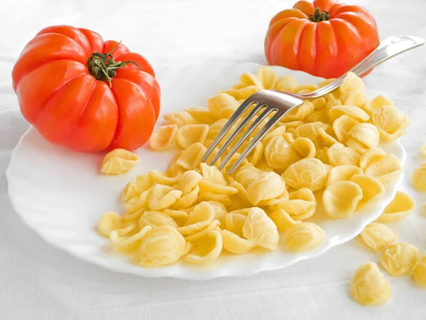 Beyaz bulaşık Orecchiette ve domates. — Stok fotoğraf