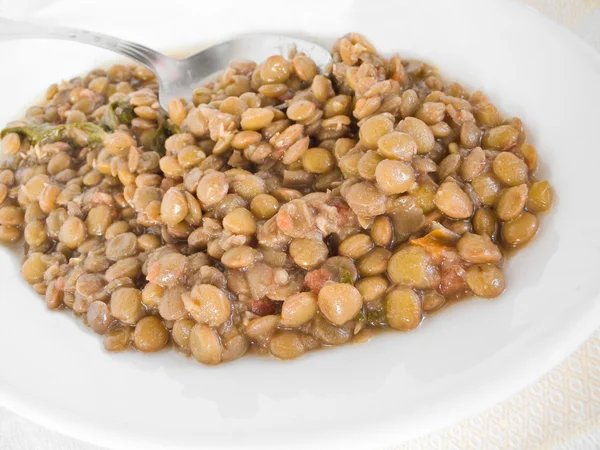 Zuppa di lenticchie con cucchiaio su piatto bianco . — Foto Stock