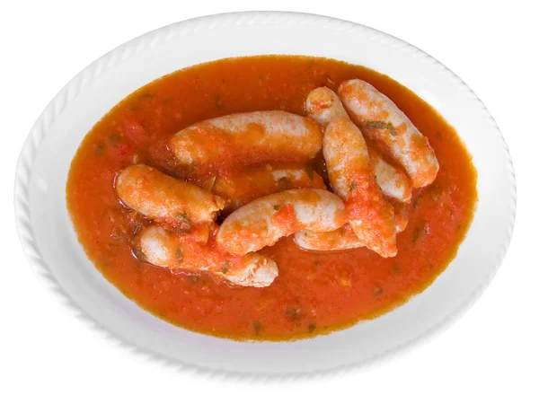 Sausages in tomato sauce on white dish. — Stock Photo, Image