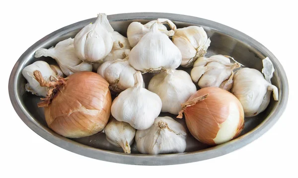 Garlic and Onions on silver tray. — Stock Photo, Image