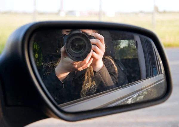 stock image Driving mirror with photographer.