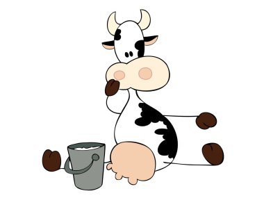 Dairy cow sitting with milk bucket. clipart