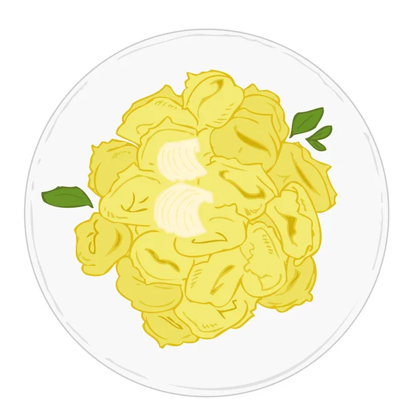 Tortellini on white dish. — Stock Vector