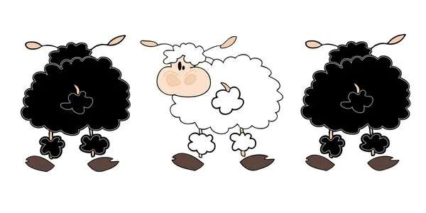 Black sheeps group with one white. — Stock Vector