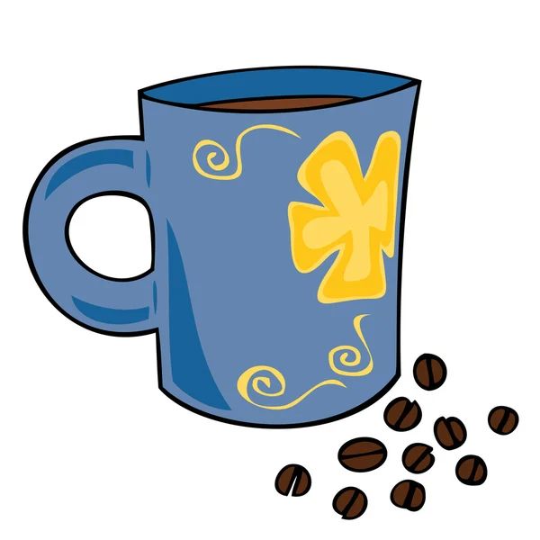 Tasse mit heißem Kaffee und Kaffeekörnern. — Stockvektor