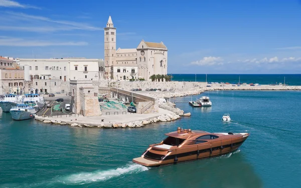 Port med katedralen och lyx yacht. Trani. Apulien. — Stockfoto