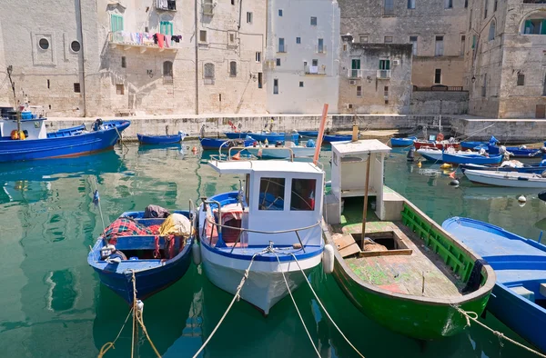 Boats moored in Monopoli old port. Apulia. — Stock Photo, Image
