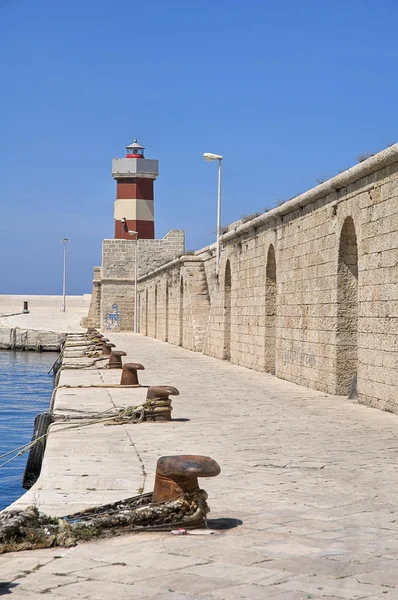 Monopoli toeristische haven met vuurtoren. Apulië. — Stockfoto