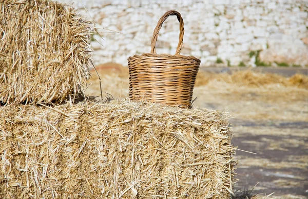 Wicker basket leaning on haistacks bales. — Stock Photo, Image