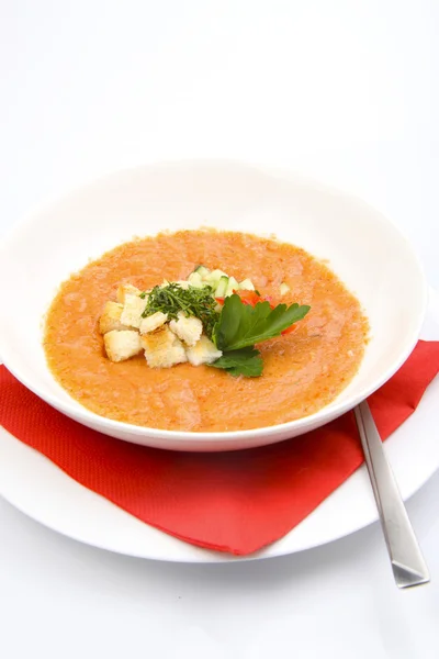 Biały talerz zupy pomidorowej — Zdjęcie stockowe