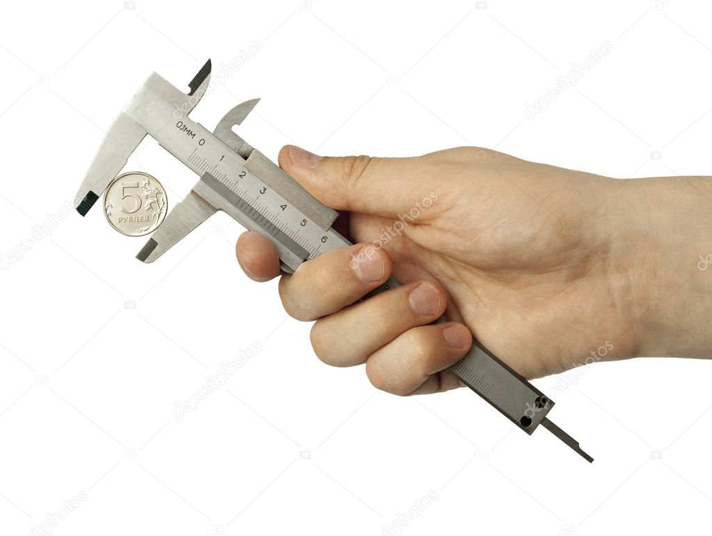Caliper with coin in hand