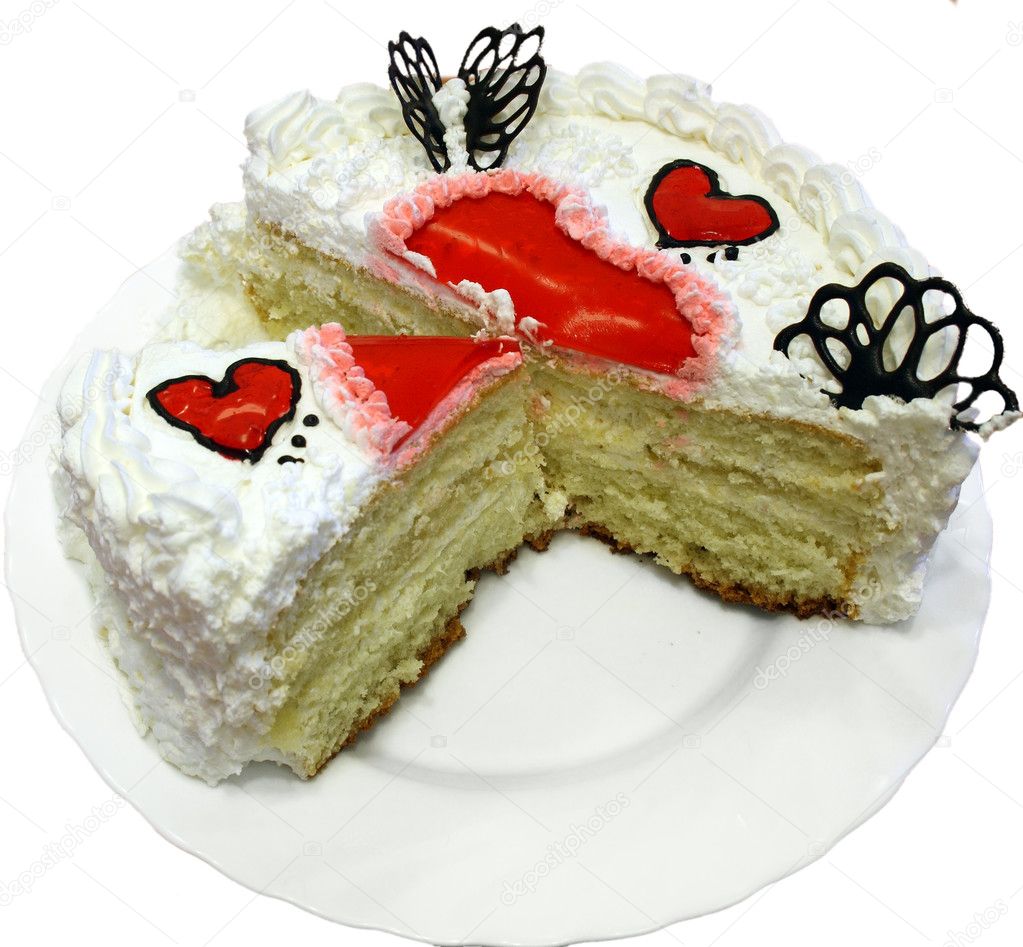 Valentine Day Cake With Jelly Red Hearts cutted