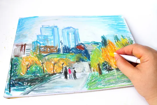 Modern Ukraine city Dnipropetrovsk hand drawing with soft pastel — Stock Photo, Image