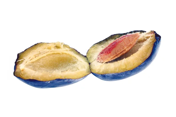 Opened plum with stone inside — Stock Photo, Image