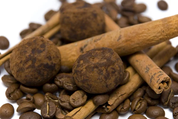 Coffee beans truffles and cinnamon — Stock Photo, Image