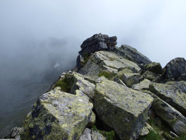 Trail mountain during bad weather, in fog clipart