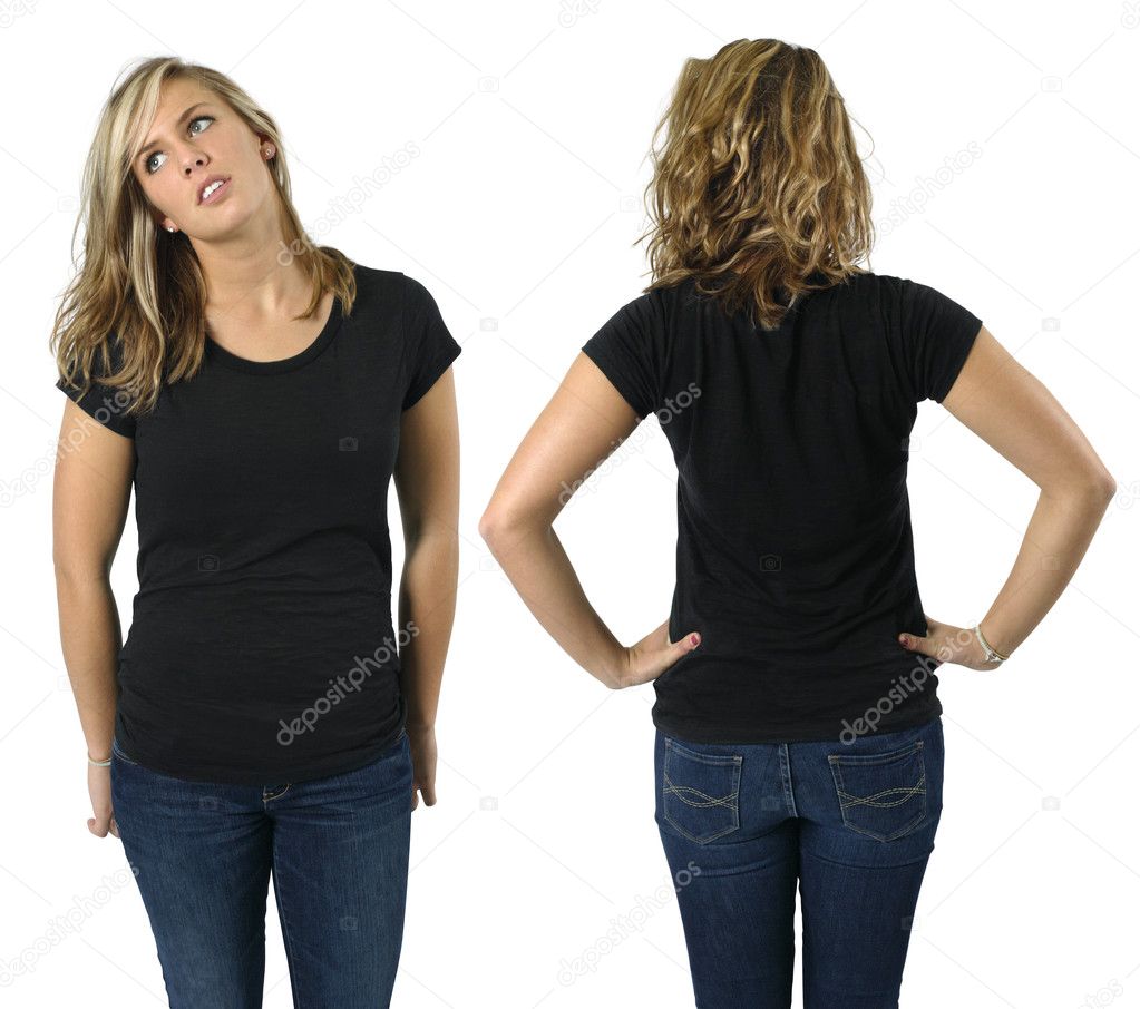 Young beautiful blond female with blank black shirt, front and back. Ready for your design or logo.