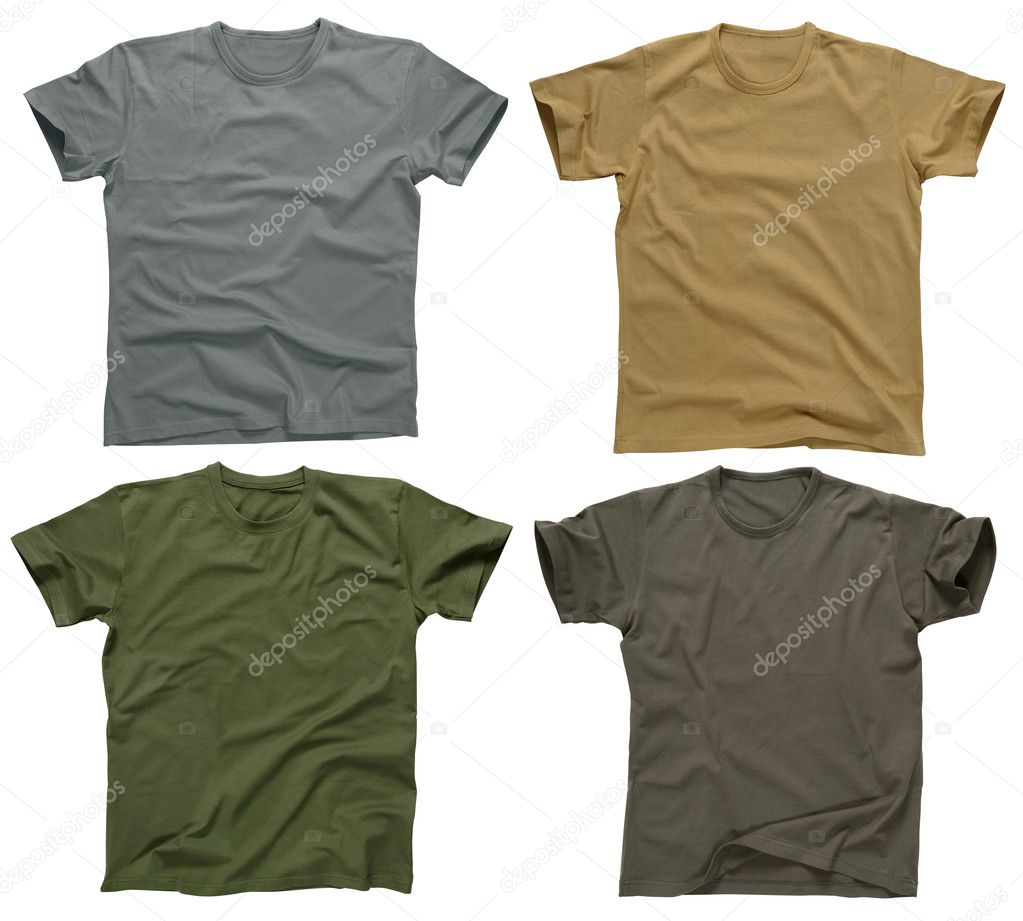Photograph of four blank t-shirts, greys, beige, and army green. Clipping path included. Ready for your design or logo.