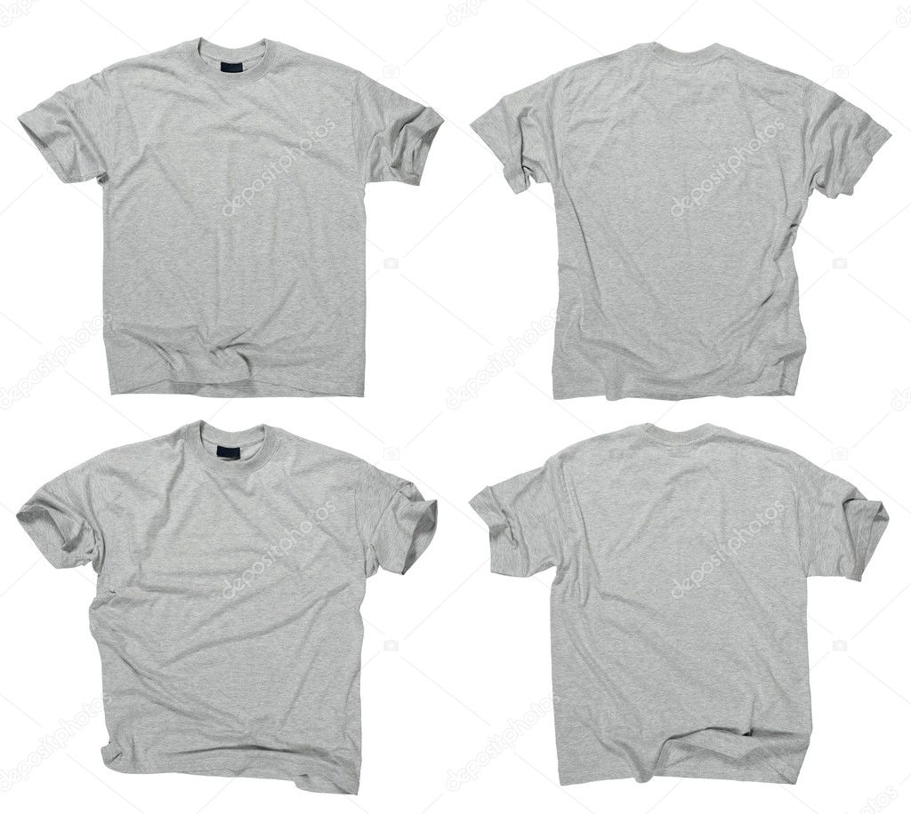 Photograph of two wrinkled blank grey t-shirts, fronts and backs. Clipping path included. Ready for your design or logo.