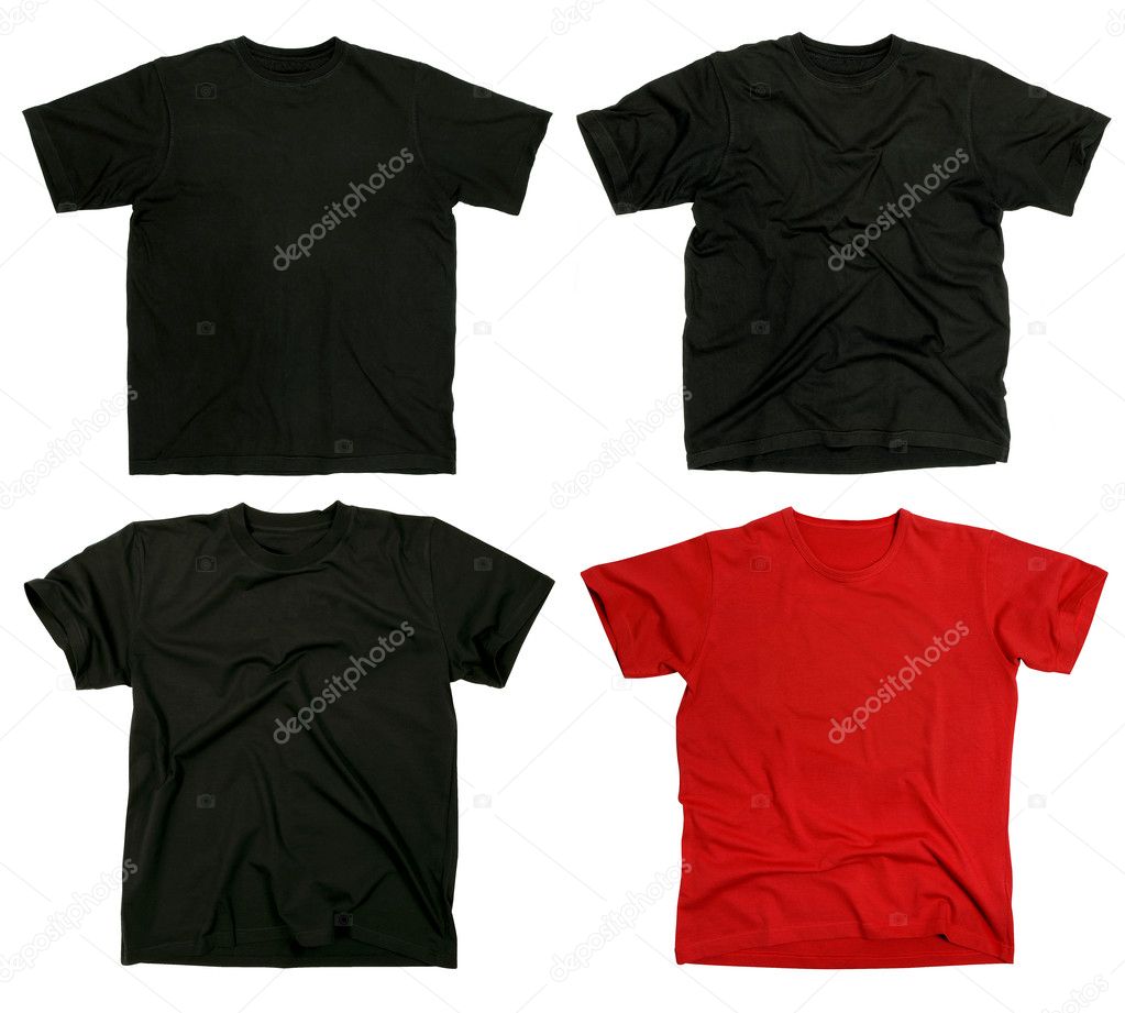Photograph of four blank t-shirts, new and old, wrinkled and flat. Clipping path included. Ready for your design or logo.