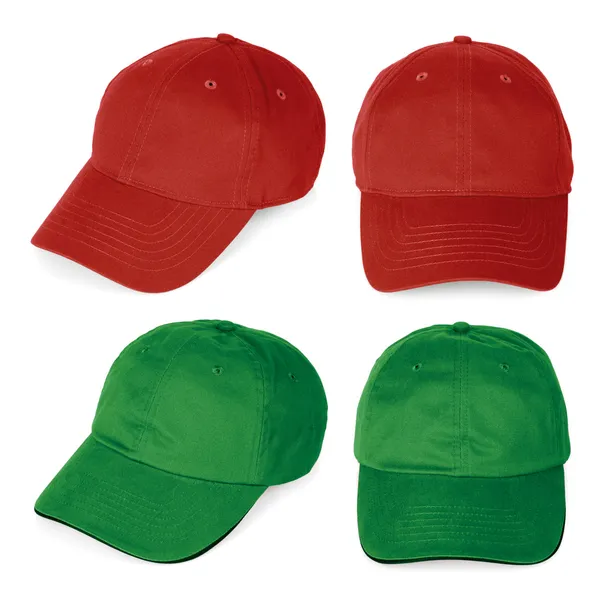 Üres piros és zöld baseball sapkák — Stock Fotó