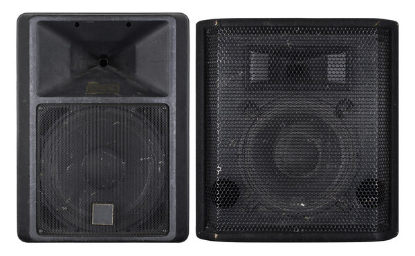 Photographs of the front of two well-worn concert loudspeakers. Background image for music-related subjects. Clipping paths included.