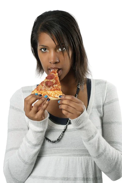 Aantrekkelijke vrouwelijke eten van pizza — Stockfoto