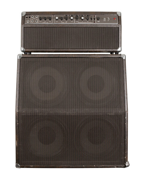 Photograph of the front of a combo guitar amplifier with speaker cabinet. Clipping path included.