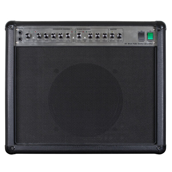 Photograph of the front of a black guitar amplifier. Clipping path included.