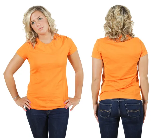 Feminino com camisa laranja em branco — Fotografia de Stock