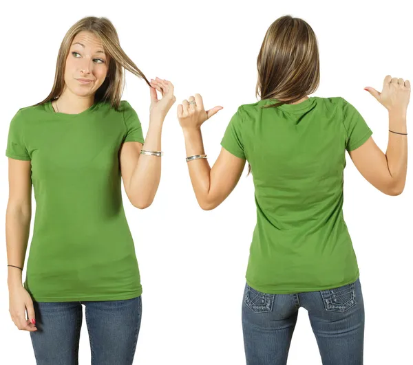 Žena s prázdné zelené tričko — Stock fotografie
