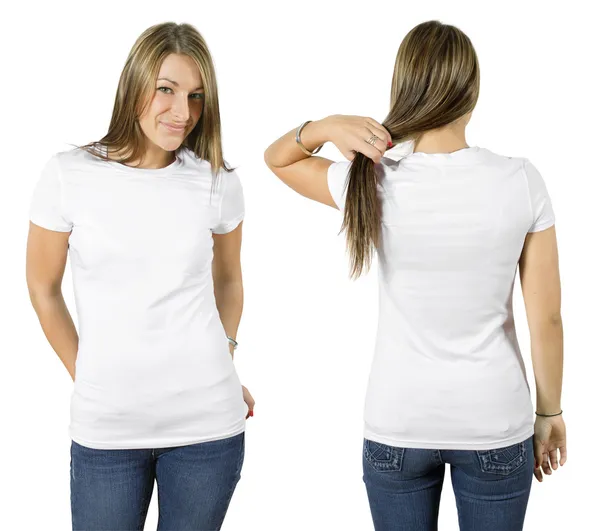 Kadın giyiyor boş beyaz gömlek Stok Fotoğraf