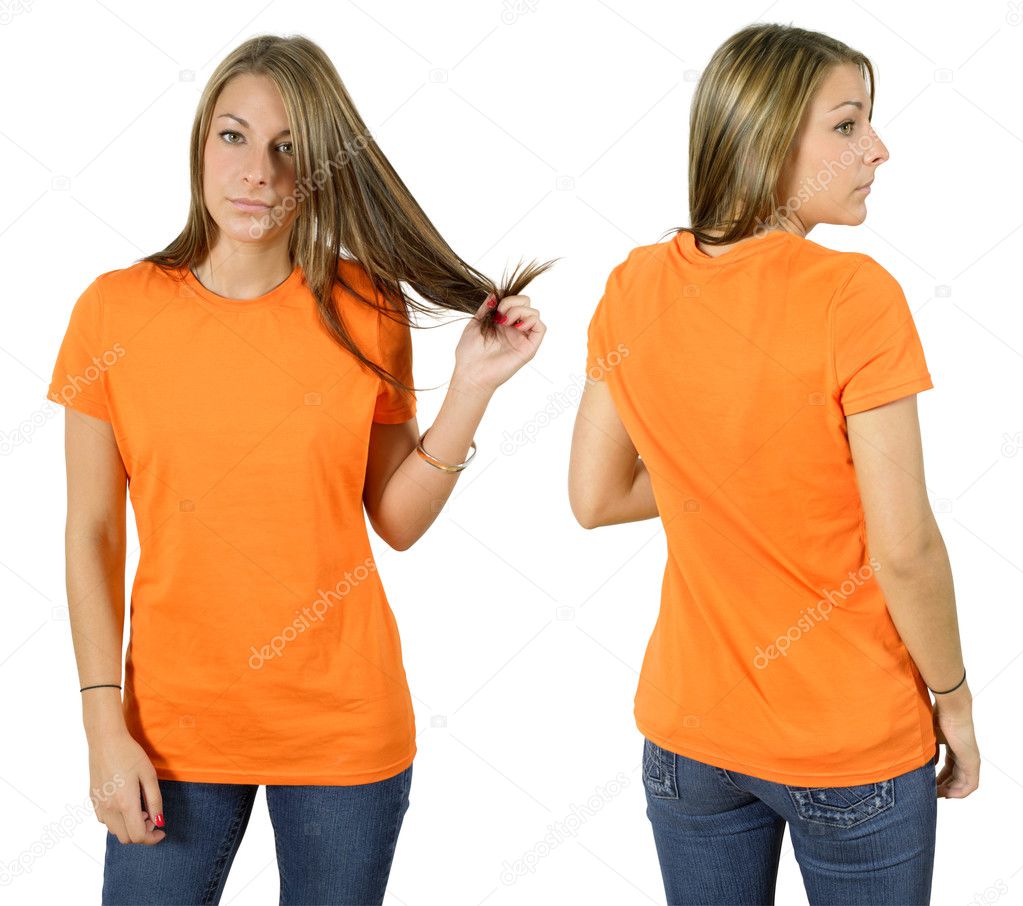 Female wearing blank orange shirt