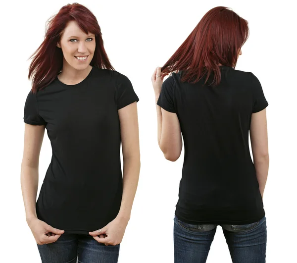 Redhead female with blank black shirt — Stock Photo, Image