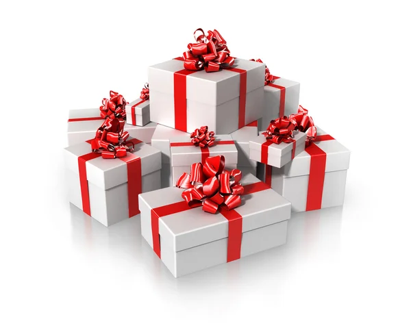 White gifts with red ribbons — Stock Photo, Image