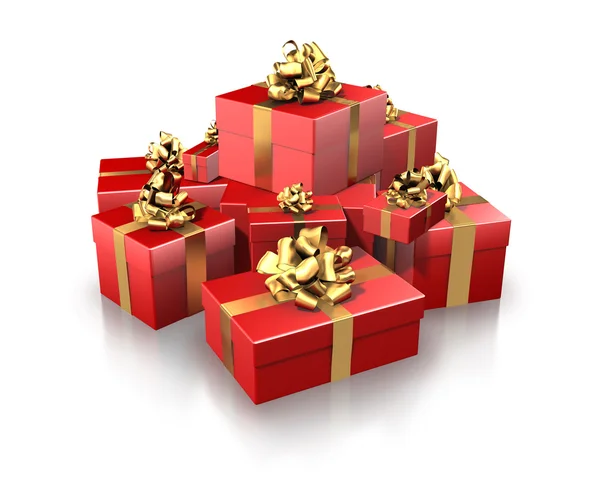 Altın şeritler kırmızı hediyeler — Stok fotoğraf
