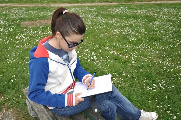 Mladý student se učí v parku — Stock fotografie