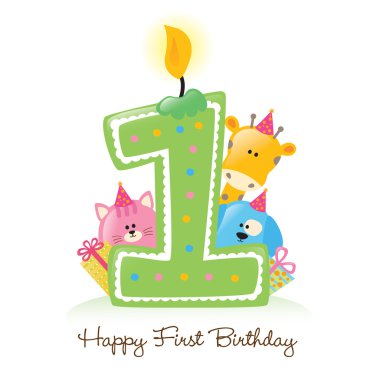 Happy First Birthday candle and animals clipart