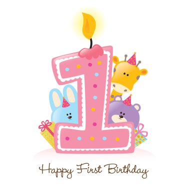 Happy First Birthday candle and animals clipart