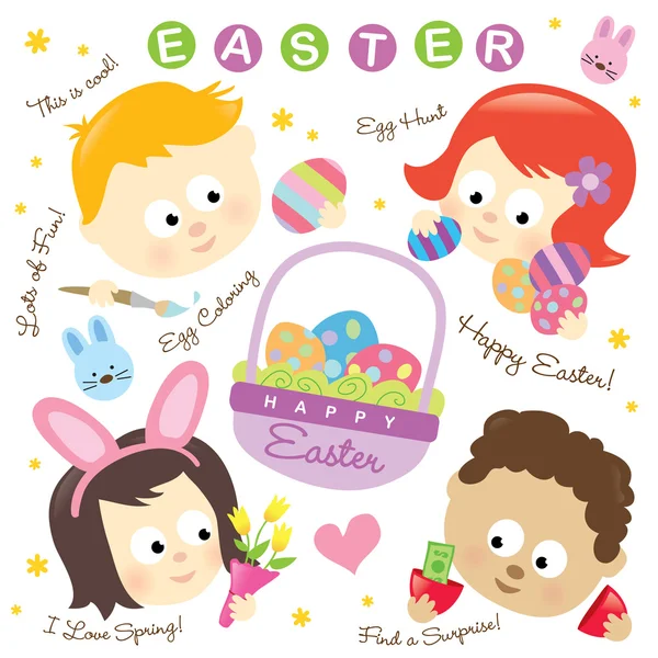 Easter elements w/ kids — Stock Vector