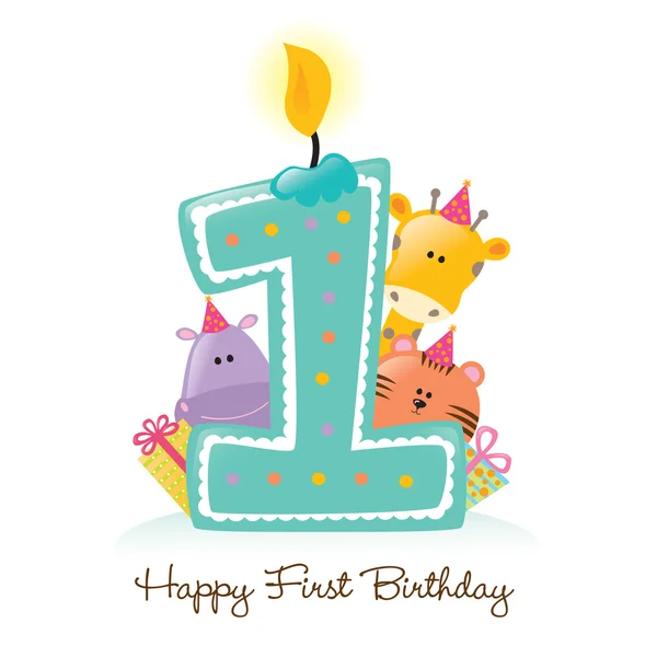 Happy First Birthday candle and animals — Stock Vector