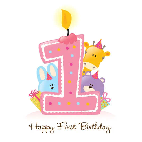 Щасливий перший день народження свічка і тварини Стокова Ілюстрація