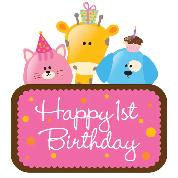 Happy First Birthday w / animals — стоковый вектор