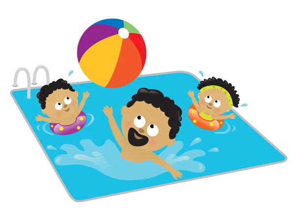 Apa és a gyerekek a medencében játszanak — Stock Vector