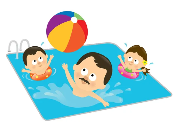 Pai e filhos brincando em uma piscina — Vetor de Stock