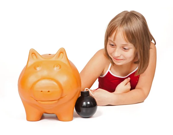 Little girl exploding piggy bank — Stock Photo, Image