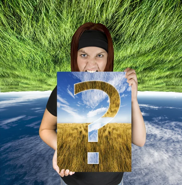 stock image Angry girl holding a question canvas