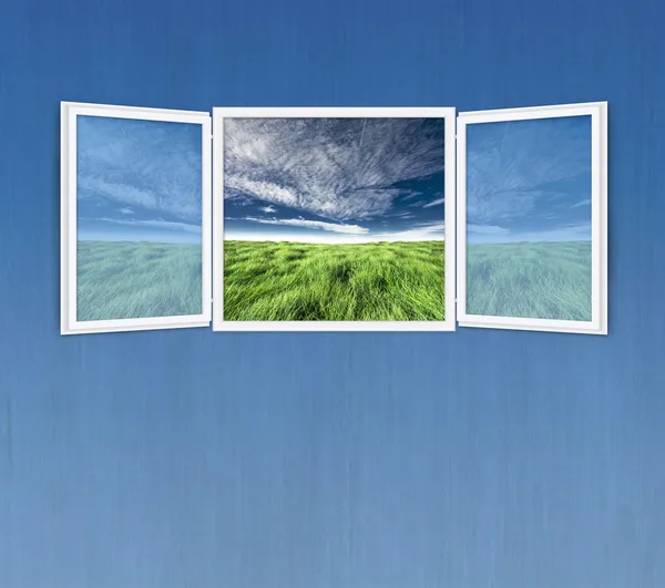 蓝色墙上打开的窗口自由概念 — 图库照片