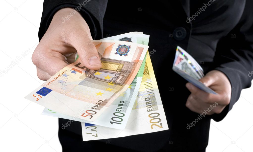 Hand giving Euro banknotes money