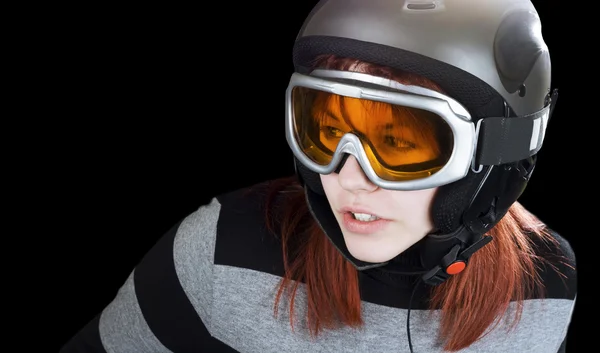 Redhead girl snowboarding